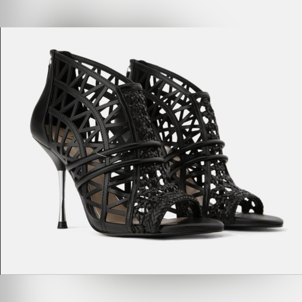Zara Black Woven Braided Caged Peep-toe Stilletto Heels